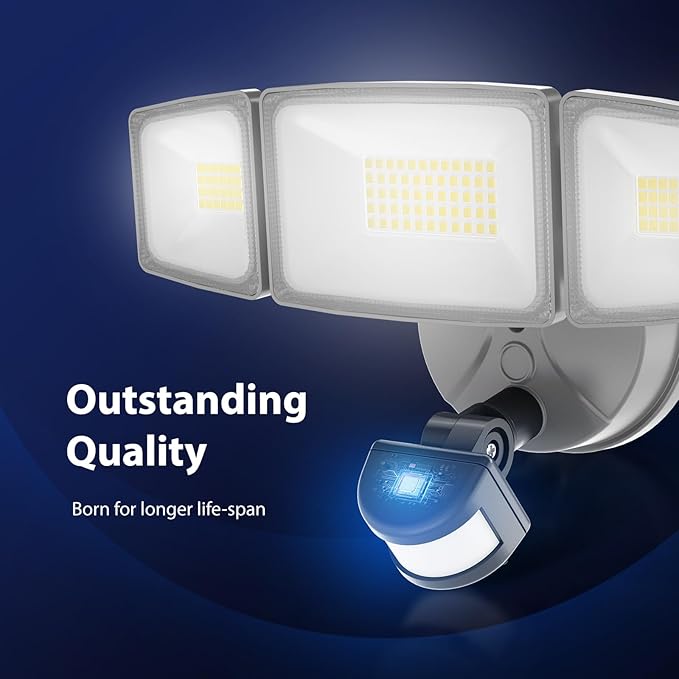 Onforu 65W LED Security Lights Motion Sensor Light Outdoor, 6500LM, 6500K, IP65 Waterproof, Flood Light Outdoor Motion Detector with Adjustable 3 Head, Hardwired Wall Light for Entryway, Yard (Gray)-VerdiqueGarden