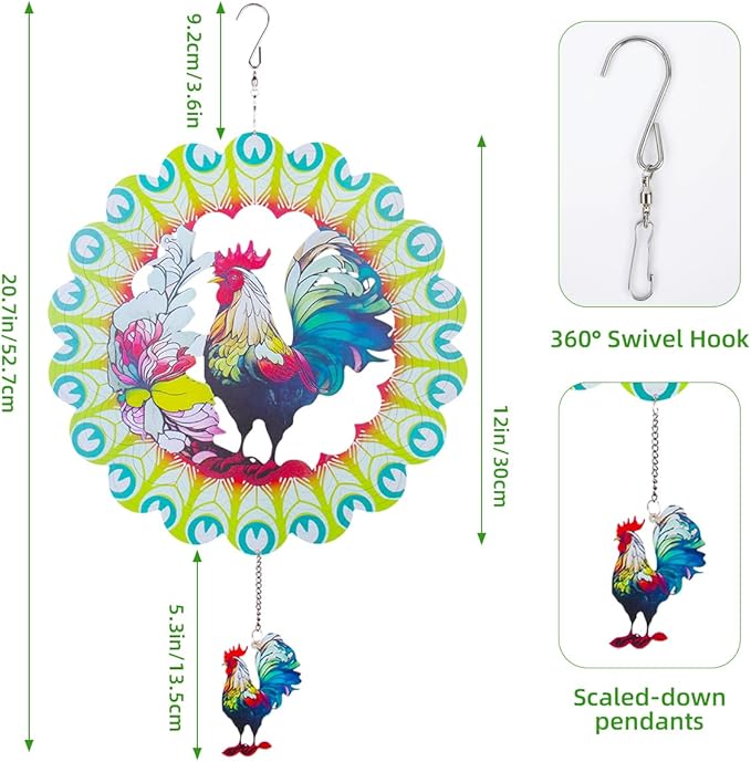 Wind Spinners Outdoor, FACIACC Rooster Metal 3D Hanging Garden Decor, 12-inch Stainless Steel Wind Spinner with Tail Spinner, Wind Sculptures for Indoor Patio Lawn Yard, Ornament Gift for Women/Men-VerdiqueGarden