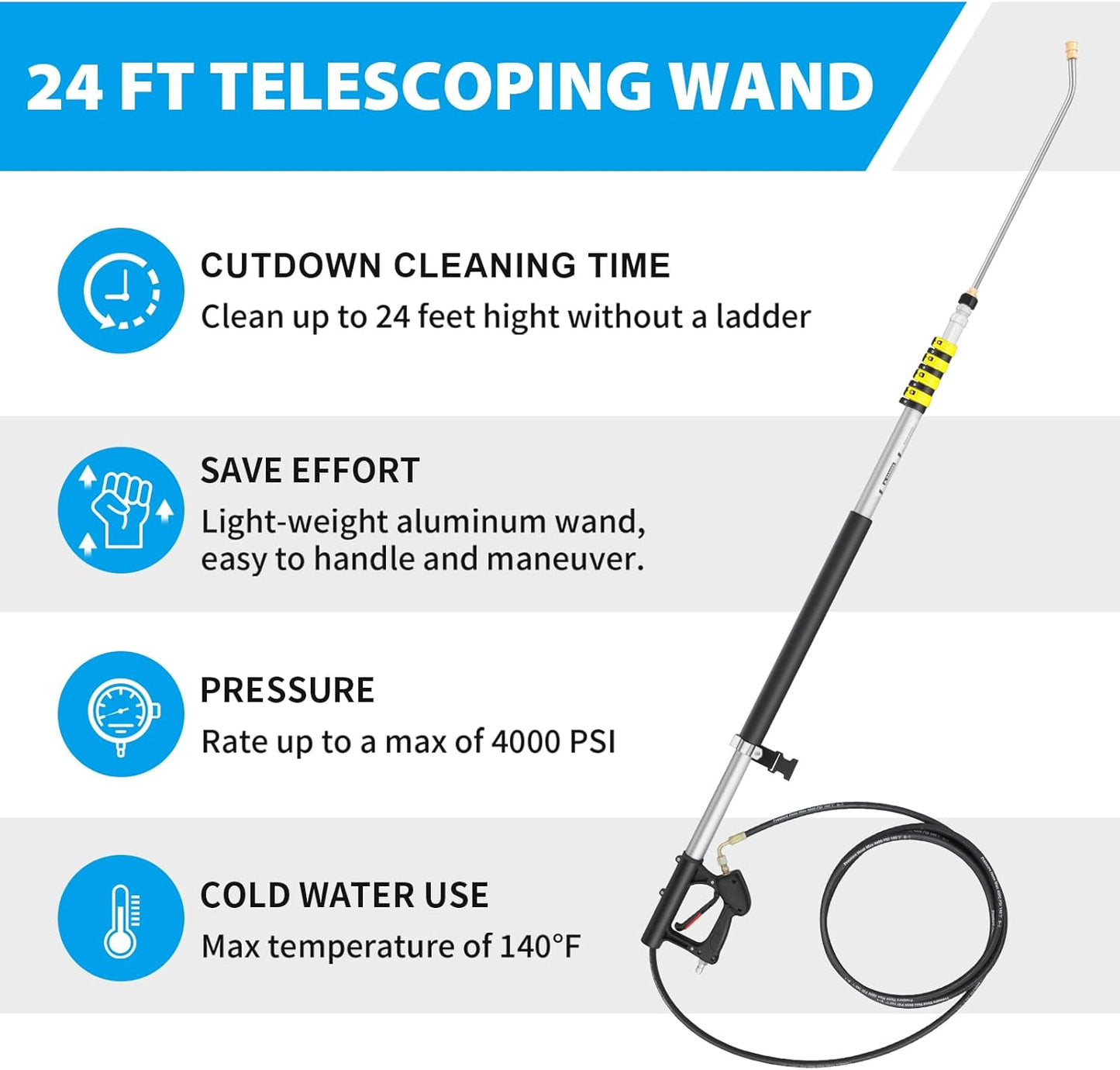24 FT Telescoping Pressure Washer Wand Extension, Aluminum Power Washer Extension Wand with 7 Nozzle Tips, 3 Adapters & Support Harness, Gutter Cleaning Tools for 2 Story House-VerdiqueGarden