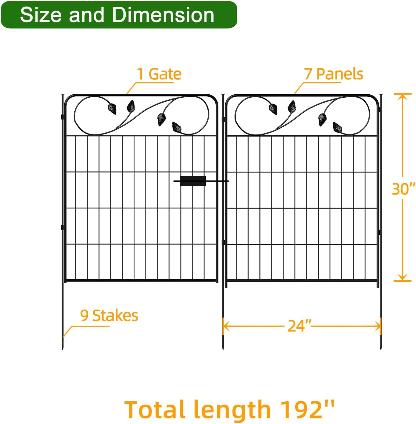 Decorative Metal Garden Fence 30in(H) X16ft(L) 1 gate+7 Panels Temporary Dog Fence Border for Landscape Patio Outdoor with gate, No dig Garden Fencing Gates for Yard-VerdiqueGarden
