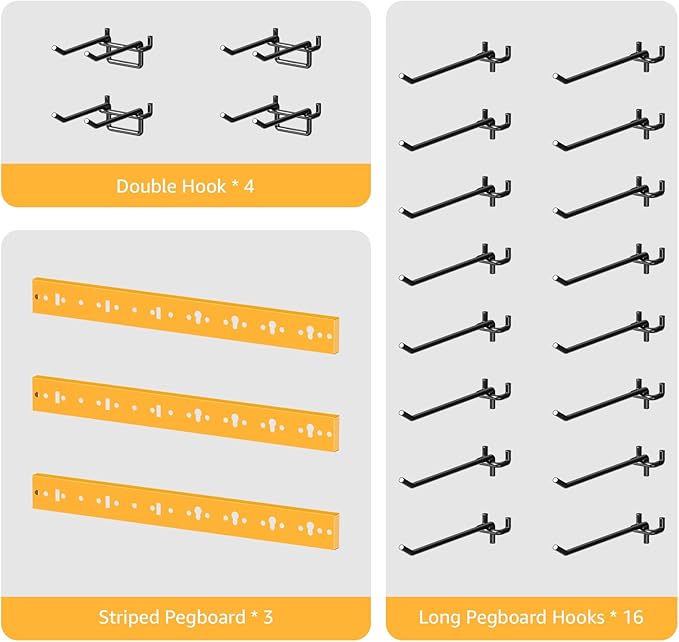 CCCEI 3 Modular Pegboard Strip Storage, Metal Peg Slat Wall Mount for Garage, Basement, Garden, Laundry Room Organization. Flexible Tool Organizer for Rake, Shovels, Crafting. Gifts for Men, Yellow.-VerdiqueGarden