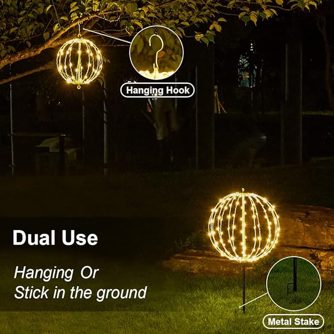 Hotelstar 96LED Foldable Light Sphere - 12IN Hanging, Pathway & Tree Light with Hook & Stake for Outdoor Garden, UL Listed, White Metal Frame, Warm White Light-VerdiqueGarden