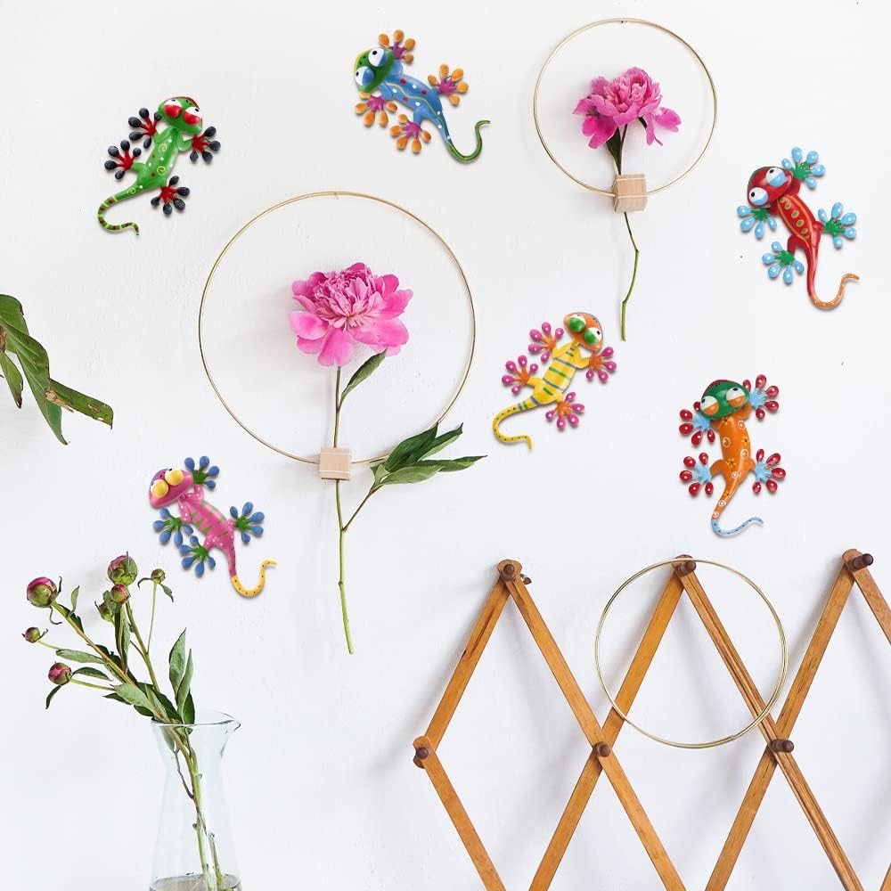 hogardeck Metal Gecko Outdoor Wall Decor, 6 Pack Lizard Wall Art Garden Sculptures & Statues with Free-adjustable Head Outdoor Spring Decor for Front Yard Fence Patio-VerdiqueGarden