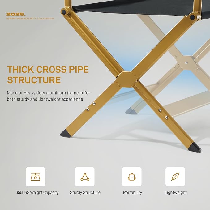 EVER ADVANCED Aluminum Directors Chair, Folding Studio Movie Chairs Camping Event Vendor Chair, 19" Seat Height Black Fabric/Golden Frame, Support 350lbs-VerdiqueGarden