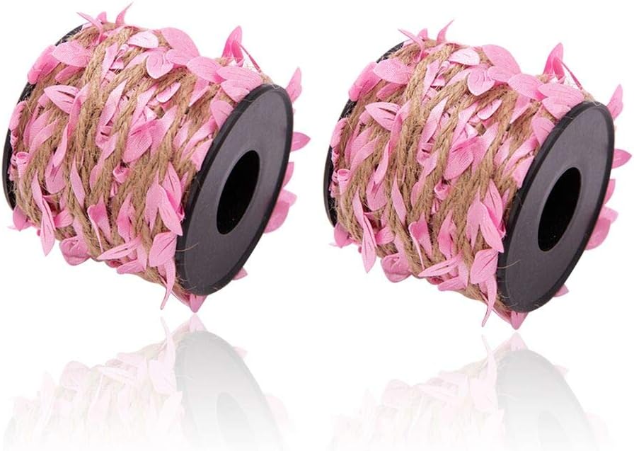 Burlap Leaf Ribbon 2 Rolls 66 Feet 5mm Jute Burlap Twine Vine with Artificial Leaves for Crafts Jungle Garland Party Wedding Garden Home Decoration Pink-VerdiqueGarden