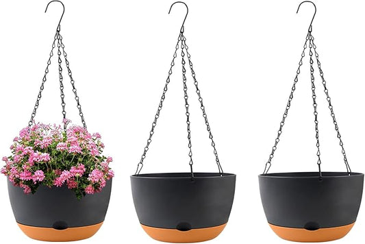 10 inch Plant Pot Hanging Planters Self Watering Pots for Indoor Plants, 3 Pack Plastic Hanging Basket with Removable Tray for Home Garden Porch Balcony Patio Decor(Black)-VerdiqueGarden