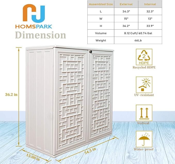 HOMSPARK Indoor/Outdoor Storage Cabinet with Doors and Shelf, 34”x16”x36” HDPE Plastic Storage Box for Patio, Bedroom, Bathroom, Living Room, Balcony, Multi-Purpose for Daily Tools, White-VerdiqueGarden