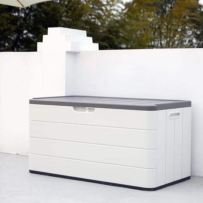 Heavy-Duty 100 Gallon Outdoor Storage Box - Waterproof Deck Box & Large Storage Bin for Patio/Pool, All-Weather Resin Chest with Lock, UV-Resistant, Alpine White-VerdiqueGarden