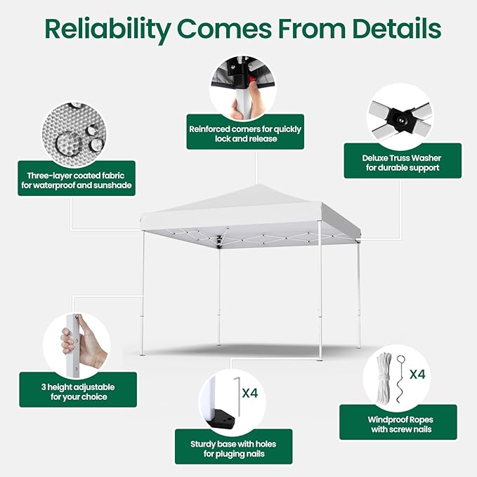 10x10ft Pop Up Canopy Tent,Heavy Duty Waterproof Folding Tent for Camping Parties Events Parties,Outdoor Canopy,Portable Sun Shelter,3 Adjustable Height(White)-VerdiqueGarden