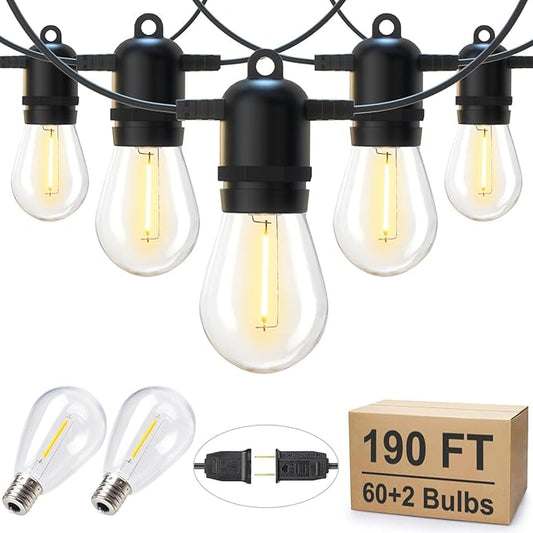 190FT Outdoor String Lights for Patio with 62 Shatterproof S14 Vintage Edison Bulbs, Waterproof Outside Hanging Lights for Backyard Deck Garden Party Xmas Decor, 2700K-VerdiqueGarden