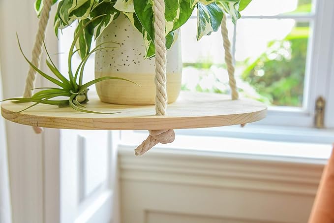Dahey Hanging Plant Shelf Round Wood Rope Hanging Floating Shelf Vintage Home Decor Display Planter Rack for Living Room Bedroom Kitchen Room,Nature-VerdiqueGarden