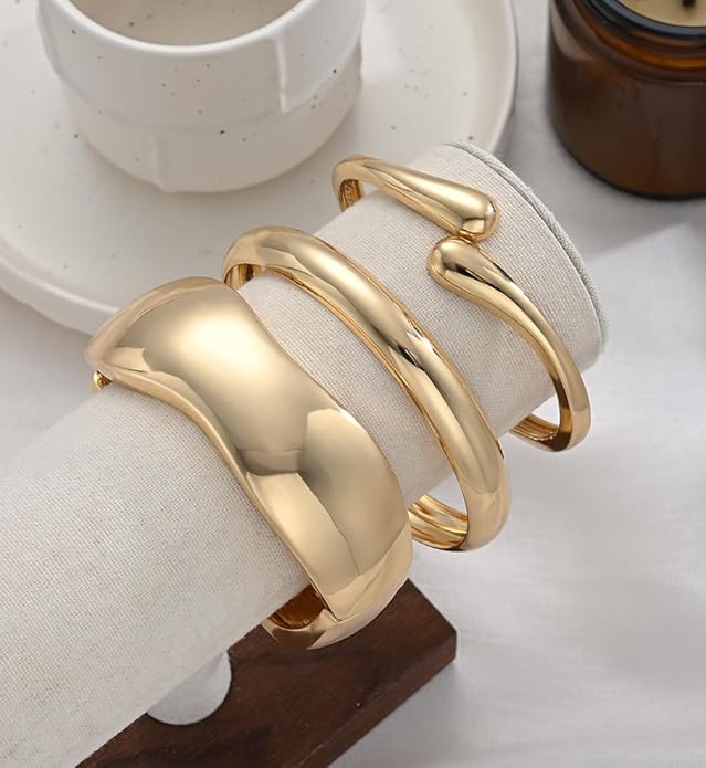 Chunky Gold Bangle Bracelets for Women, Dainty 14k Gold Plated Big Stackable Bangles Set, Trendy Statement Cuff Bracelet Stack Fashion Jewelry Christmas Gifts