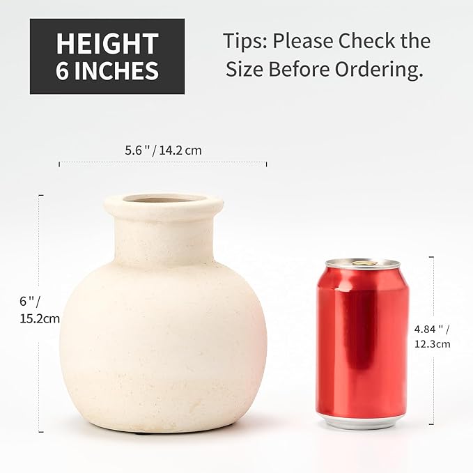 SIDUCAL Ceramic Rustic Farmhouse Vase | 6 Inch Pottery Decorative Boho Flower Vase for Home Decor, Table, Living Room, Bathroom Decoration, Shelf Decor, Mantel, Wedding, White-VerdiqueGarden