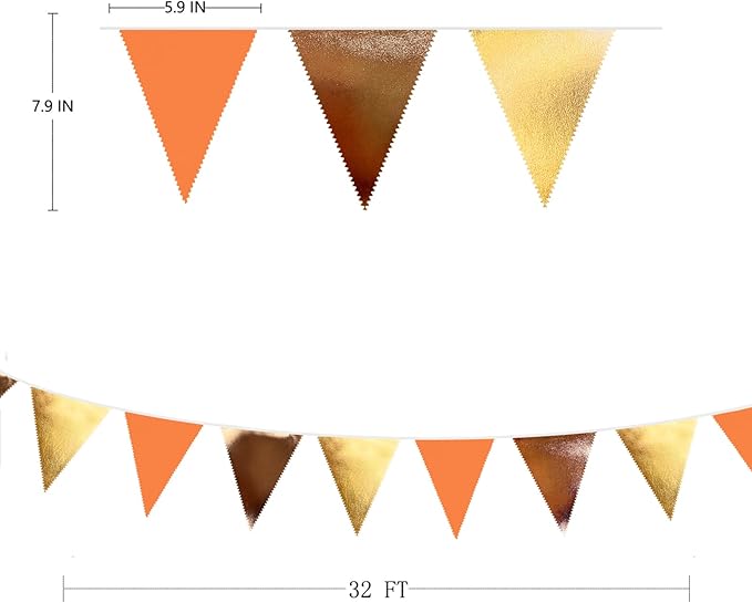 Fall Party Decorations Orange Gold Brown Metallic Fabric Triangle Pennant Banner Flag Bunting Garland for Autumn Fall Thanksgiving Wedding Birthday Bridal Shower Engagement Graduation Party Supplies-VerdiqueGarden