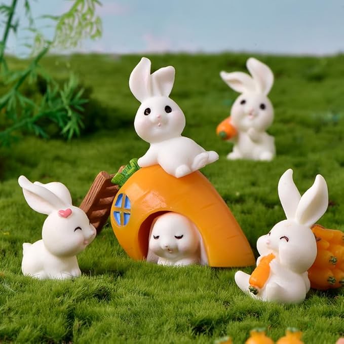 21Pcs Mini Rabbit and Carrot Figurines 1inch Cute Resin Bunny Cake Toppers for DIY Fairy Garden Dollhouse Moss Landscape Crafts Easter Decors-VerdiqueGarden