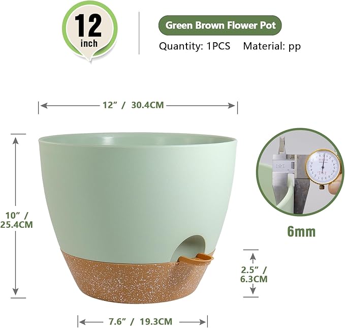 12 inch Large Self Watering Pots, Plant Pots with Mesh Drainage Holes for Indoor Outdoor Plants, Plastic Planters with Deep Reservoir for Garden House Flower Plants, Green with Brown-VerdiqueGarden