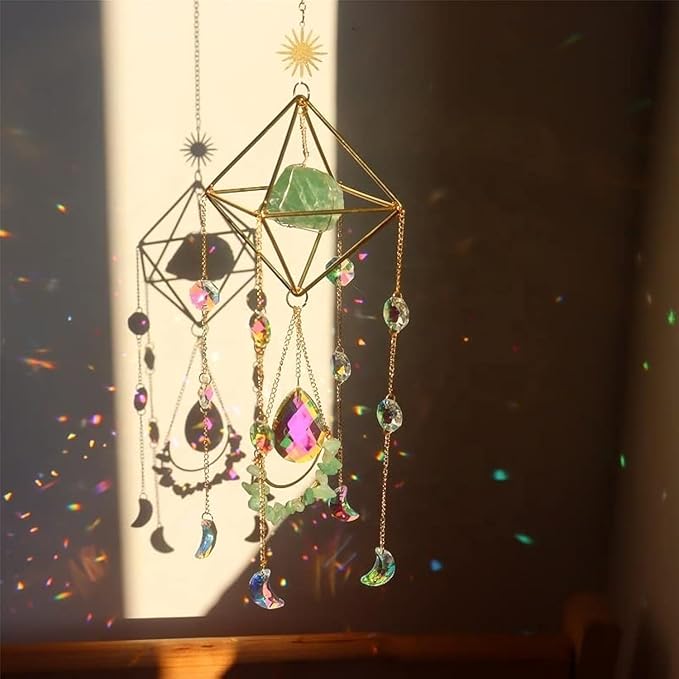 Crystal Suncatchers for Windows, Green Fluorite Gemstone Sun Catcher Hanging, Spiritual, Rainbow Maker, Crystal Boho Decor Indoor Outdoor, Natural Stone (Green Fluorite)-VerdiqueGarden