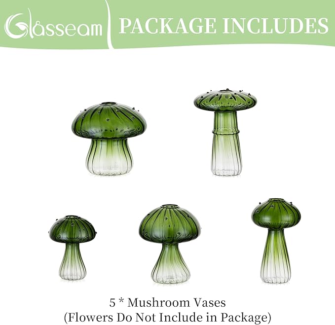 Glasseam Mushroom Plant Propagation Stations: Green Glass Terrarium Jar Set of 5 Cute Planters for Indoor Plants Mini Propagate Station Unique Christmas Birthday Gifts for Women Home Office Decor-VerdiqueGarden