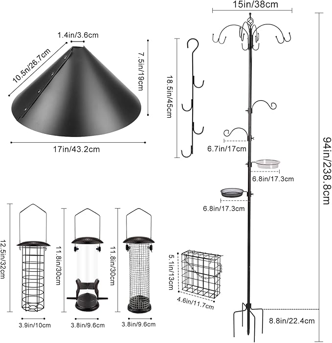 Deluxe Bird Feeding Station Kit Bird Feeder Pole with Squirrel Baffle, Suet Cage, Bath Tray for Planter Hanger - Wildlife-Friendly Design-VerdiqueGarden