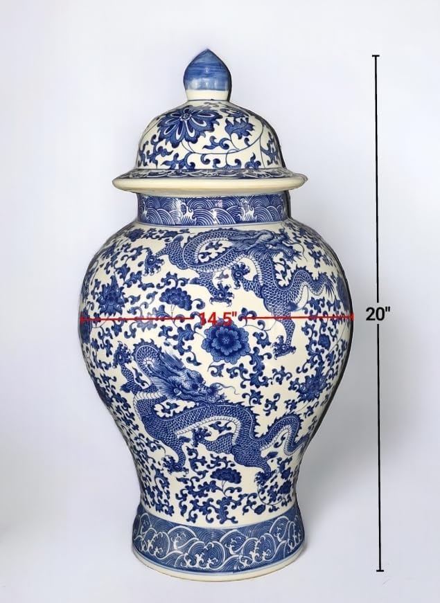 20" Classic Blue and White Floral Porcelain Ceramic Temple Ginger Jar Vase, Large China Qing Style (Dragon1)-VerdiqueGarden