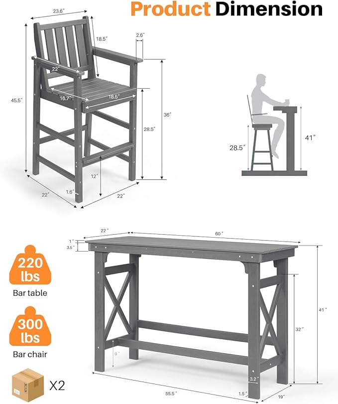 3 Pieces HDPE Outdoor Patio Bar Set, Rectangular Bar Height Table and Chairs Set, Patio Bar Stools Set, HDPE Outdoor Bar Table and Chairs Set for Balcony, Poolside, Porch, Smoke Gray-VerdiqueGarden