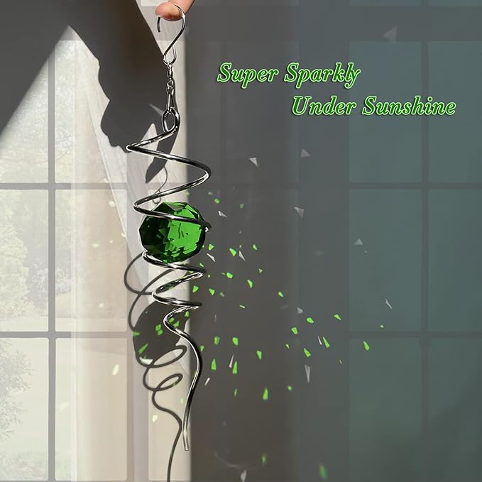 Fonmy Gazing Ball Spiral Tail -Decorative Wind Spinner Sun Catcher Rainbow Maker 11 inch Tail and 2 inch Green Crystal Orb. Indoor Outdoor Garden Decoration -13 inch Height-VerdiqueGarden