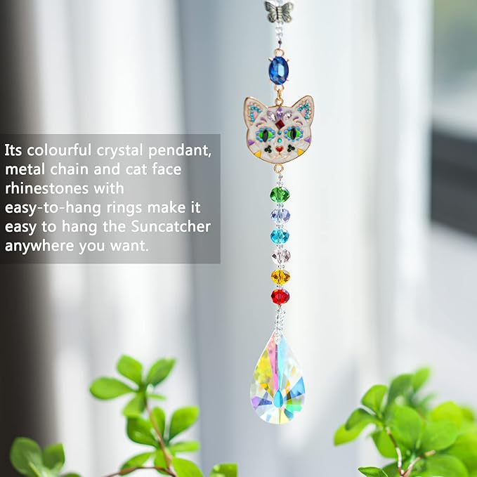 Crystal Rhinestones Suncatcher Cat Face Shaped with Butterfly Window Hang Pendant, Rainbow Crystal Colorful Prisms Ornament Gift Christmas Tree Decoration-VerdiqueGarden