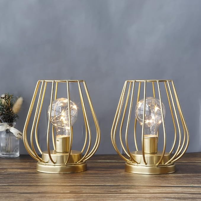 TRIROCKS Set of 2 Metal Battery Operated Lamp 7'' Tall Cage Shape Cordless Table Lamp Battery Lanterns with Warm Fairy Lights Bulb for Patio Garden Wedding Parties Indoor Outdoor(Gold)-VerdiqueGarden