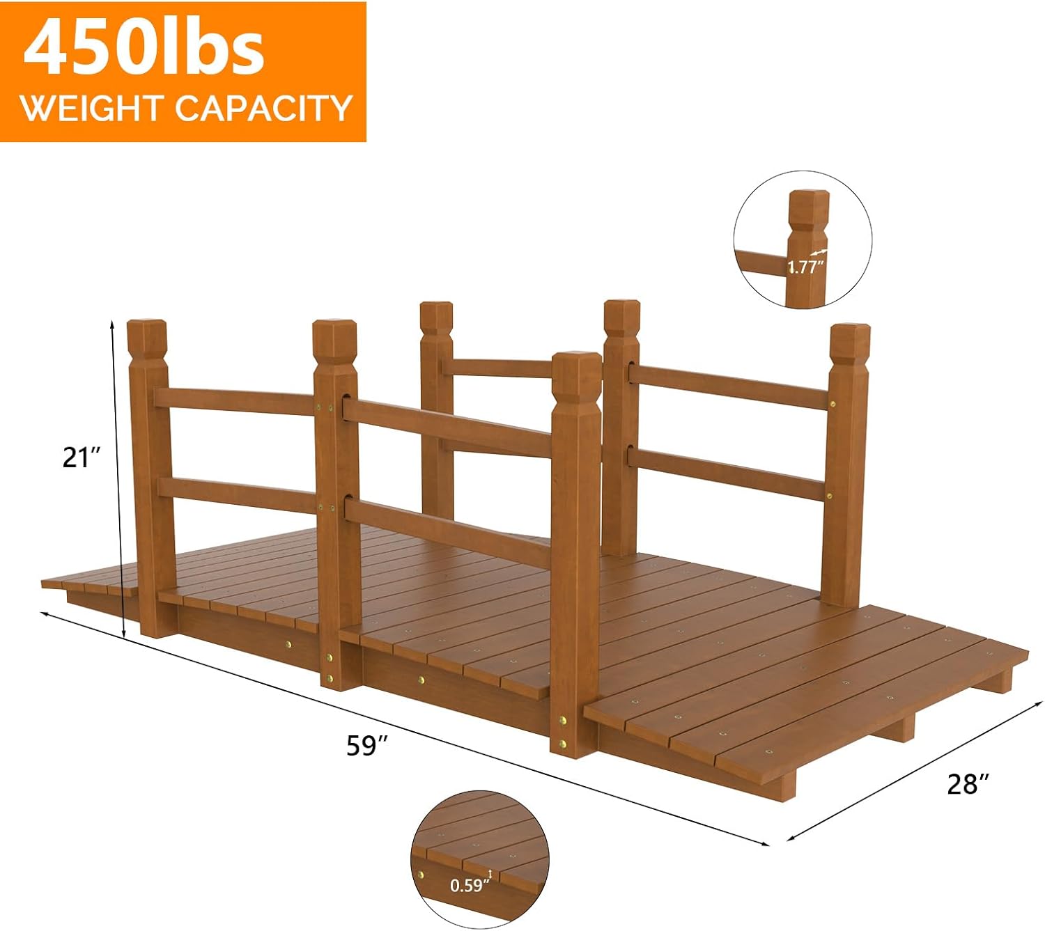 VINGLI Garden Bridge, Classic Wooden Arch with Safety Rails Footbridge (Brown, 5 ft)-VerdiqueGarden