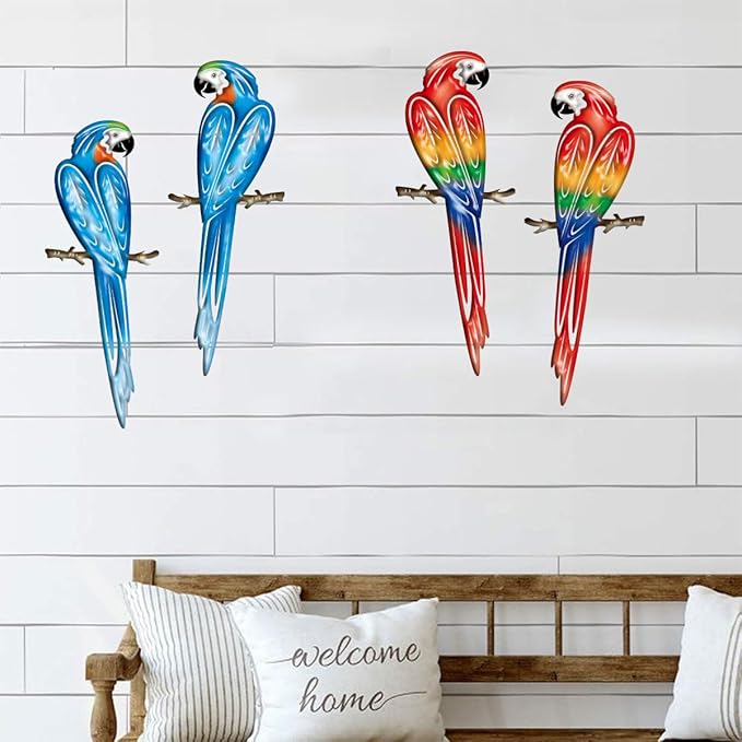 Metal Outdoor Wall Art Decor,3D Colorful Garden Birds Sculpture Outdoor Iron Hanging Parrot Decor, Metal Hand-Made Bird Wall Art Decorations for Fence Patio Balcony Living Room-VerdiqueGarden