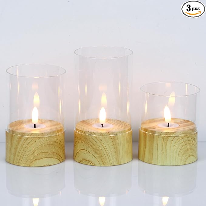 Battery Operated Candles with 6H Timer, 3 Pack Glass LED Flikcering Flameless Candles, Clear Pillar Candles with 3D Flame for Spring Wedding Home Bedroom Decor(Set of 3)-VerdiqueGarden