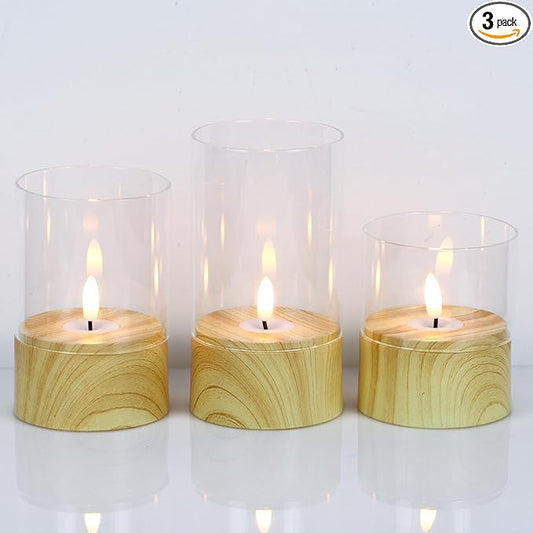 Battery Operated Candles with 6H Timer, 3 Pack Glass LED Flikcering Flameless Candles, Clear Pillar Candles with 3D Flame for Spring Wedding Home Bedroom Decor(Set of 3)-VerdiqueGarden