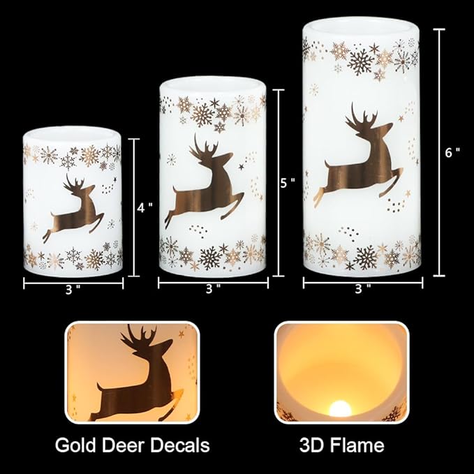 KunSween Christmas Flameless Candles with 6H Timer, 3 Pack LED Flickering Candles with Gold Deer Decals and Real Wax, Christmas Winter Decorations for Home Indoor Table Centerpieces-VerdiqueGarden