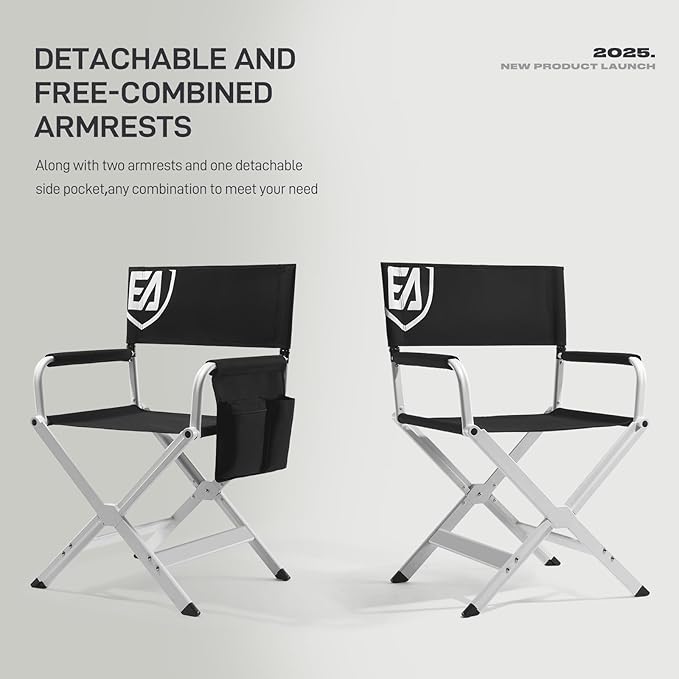 EVER ADVANCED Aluminum Directors Chair, Folding Studio Movie Chairs Camping Event Vendor Chair, 19" Seat Height Black Fabric/White Frame, Support 350lbs-VerdiqueGarden