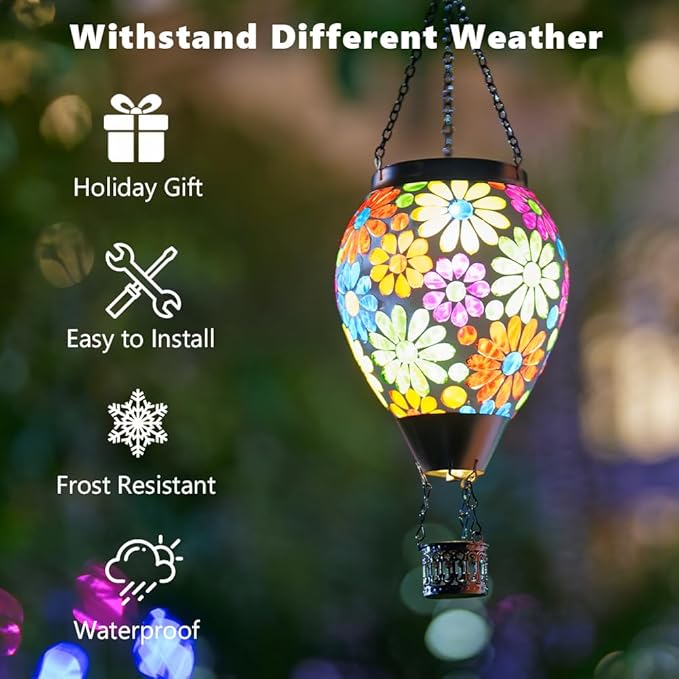 Starsoul Mosaic Flowers Hot Air Balloon Solar Lantern Glass Outdoor Hanging Hot Air Balloon Solar Flickering Flame Light Waterproof Garden Patio Yard Party Decorations-VerdiqueGarden