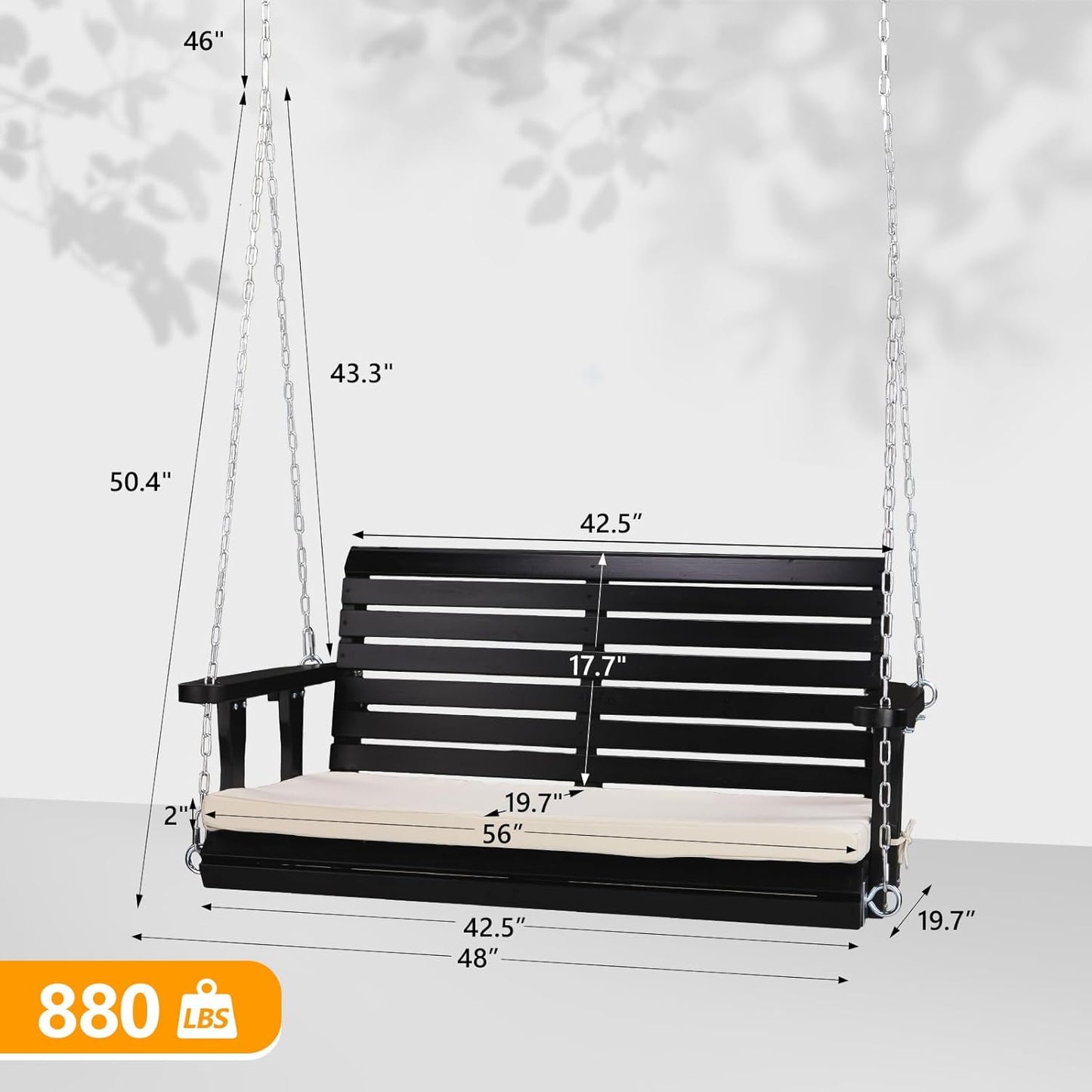 VINGLI Outdoor 4 FT Porch Swing, Heavy Duty 880 LBS Wooden Patio Swings with Cushions, Farmhouse Style Hanging Bench with Adjustable Chains for Yard | Garden | Lawn | Balcony, Black-VerdiqueGarden