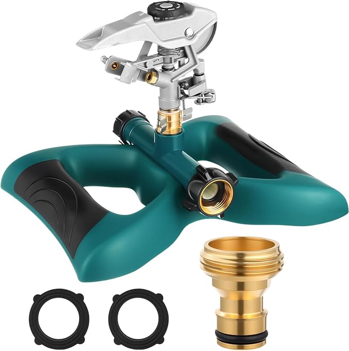 1 Packs Lawn Impact Sprinkler Heavy Duty Rotating Adjustable Pulsating Water Sprinkler Head with Metal Base, Adjustable Spraying Area and Distance for Large Area Garden Lawn Yard Irrigation-VerdiqueGarden