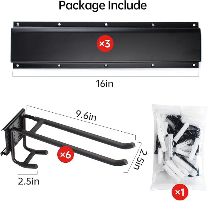 Garage Storage Rack Hooks, 48 Inch Heavy Duty Wall Mount Garage Organization with 3 Rails and 6 Adjustable Double Wall Hooks,Hanging Shelves for Garden Tool/Broom/Mop(Black)-VerdiqueGarden
