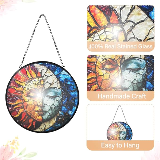 Sun and Moon Decor Suncatcher Stained Glass Window Hanging - Wall Art Stained Glass Suncatchers for Windows Hanging - Home Sun Catchers Indoor Window with Chain - Celestial Decor Gifts for Women Mom-VerdiqueGarden