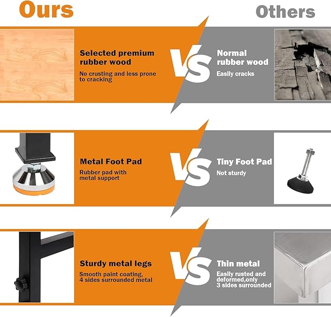 70" Adjustable Height Workbench, 2000 LBS Heavy Duty Work Table with Power Outlets & Pegboard, Rubber Wood Workstation for Garage, Workshop, Office, Home, Commercial-VerdiqueGarden