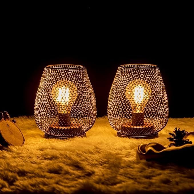 DECORKEY Set of 6 Battery Operated Lamp LED Table Lantern, Brown Metal Cage Cordless Lamps with LED Bulb，Vintage Decorative Outdoor Lantern for Weddings, Parties, Patio, Events for Indoors Shelf Decor-VerdiqueGarden