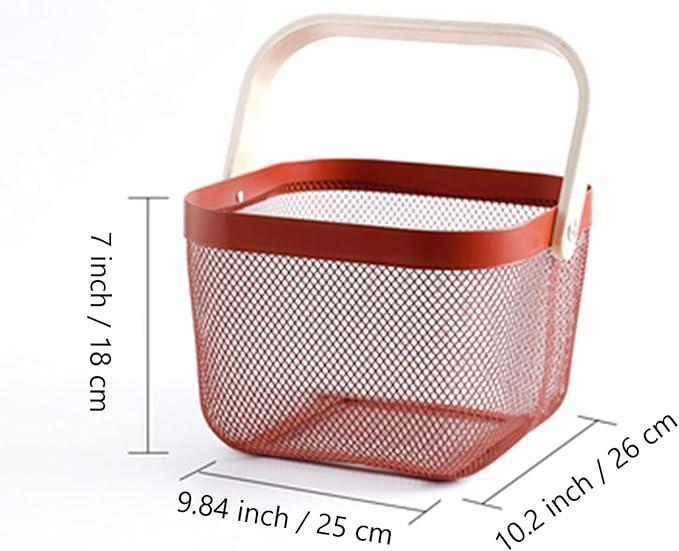 Metal Mesh Steel Basket, Storage Organizer Basket Multi-functional Hanging Kitchen Baskets Fruit Basket Bin with Bamboo Handle for Kitchen Bathroom Picnic Shopping Decor Cabinet Home, Red-VerdiqueGarden