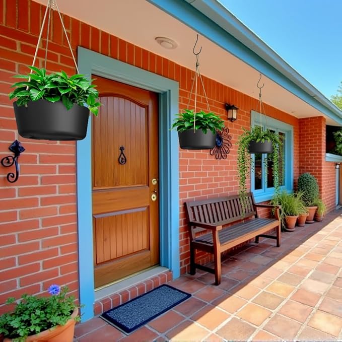 10.7 Inch Hanging Planter for Outdoor Indoor Plants，2 Pack Hanging Flower Pots with Drain Holes for Garden Home Decor Use (Black)-VerdiqueGarden