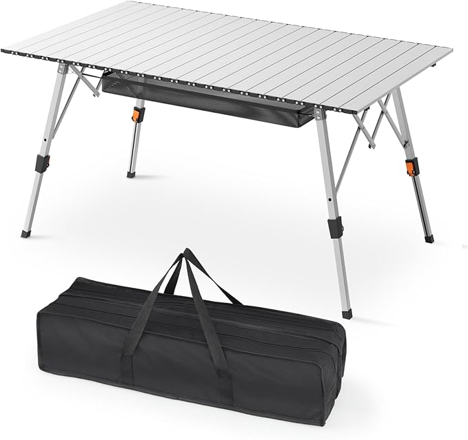 Athena Collection Foldable Camping Table, 47" Aluminum Outdoor Folding Camp Table with Mesh Layer Telescopic Legs and Carry Bag, Lightweight and Portable for Outdoor Camping Picnic Grilling, Silver-VerdiqueGarden
