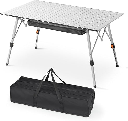 Athena Collection Foldable Camping Table, 47" Aluminum Outdoor Folding Camp Table with Mesh Layer Telescopic Legs and Carry Bag, Lightweight and Portable for Outdoor Camping Picnic Grilling, Silver-VerdiqueGarden