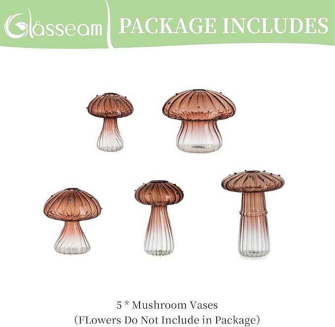 Glasseam Mushroom Plant Propagation Stations: Amber Glass Terrarium Jar Set of 5 Cute Planters for Indoor Plants Mini Propagate Station Unique Christmas Birthday Gifts for Women Home Office Decor-VerdiqueGarden