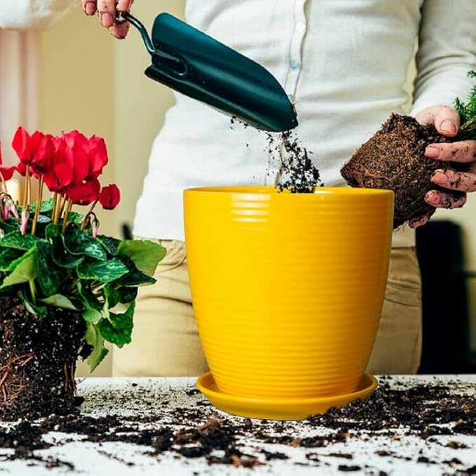 10 Inch Plant Pot - Ceramic Pot for Plants Outdoor Planter for Indoor Plants Large Plant Pot with Drainage Hole and Saucer Round Flower Pot for Home Patio Office Yellow-VerdiqueGarden