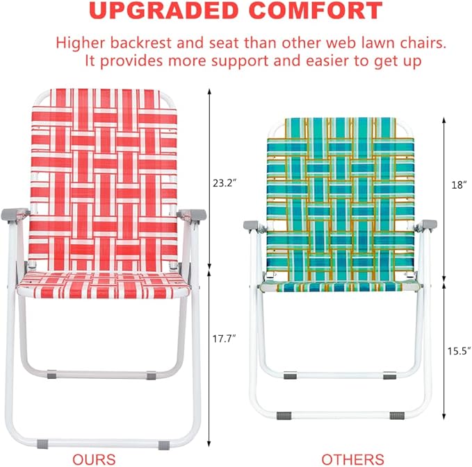 VINGLI Patio Lawn Webbed Folding Chairs Set of 2, Outdoor Beach Chair Portable Dining Chair for Yard, Garden (Red, Classic)-VerdiqueGarden