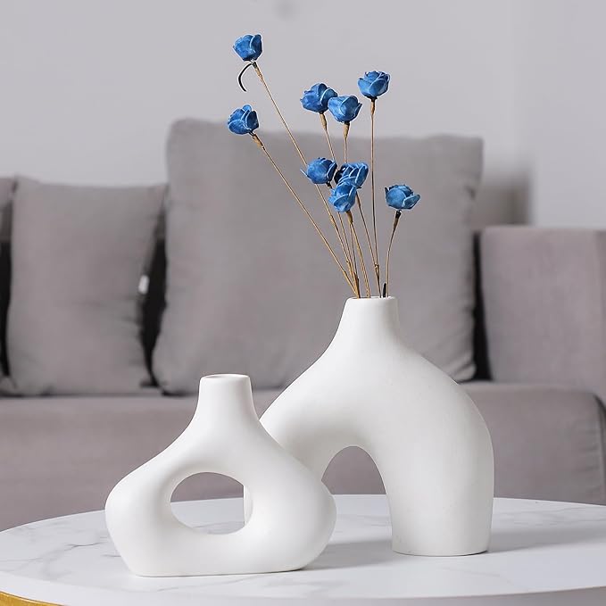 CEMABT White Ceramic Vase Set of 2 for Modern Minimalist Bohemian Decor，Round Matte Donut Vases for Pampas Grass-Perfect for Living Room, Dining Table, Office Bedroom Shelf Decor Entryway, Console-VerdiqueGarden