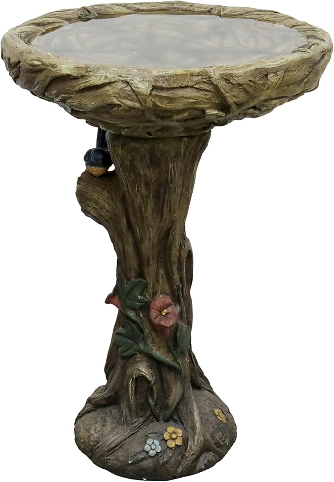 SKYFIRE 25.5” H Concrete Birdbaths for Outdoors -Large Woodland Tree Trunk Yard Statue Decoration，Vintage Birdbath with Bird Figurines Yard Statue for Garden, Patio, Lawn, Backyard-VerdiqueGarden